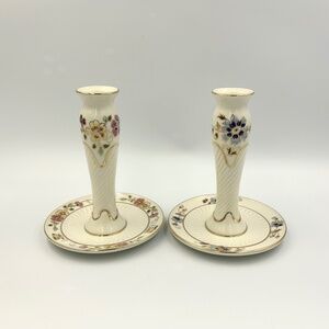 Pair of Zsolnay Hungary Hand Painted Taper Candle Holders Cornflower & Butterfly